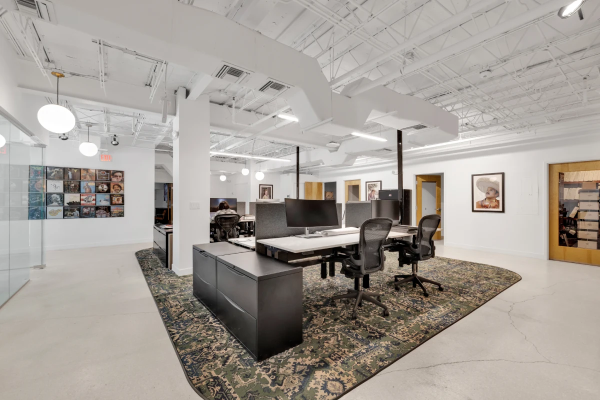 open-plan office workspace featuring light wood shared desks, ergonomic grey office chairs, integrated desk plants, and industrial pendant lighting